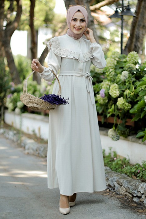 Guipure Hijab Dress BEIGE