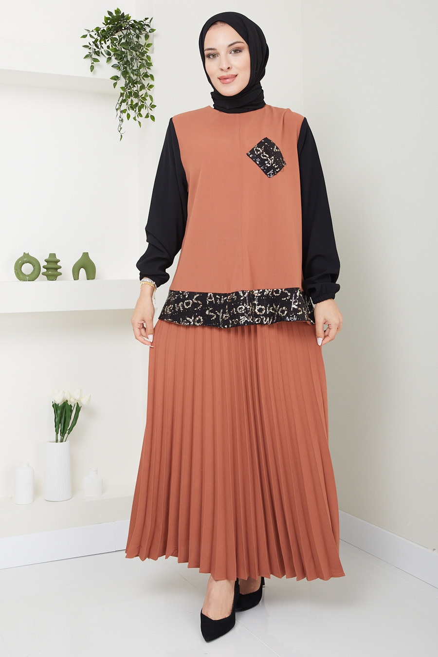 BRICK COLOR TUNIC AND SKIRT SUIT