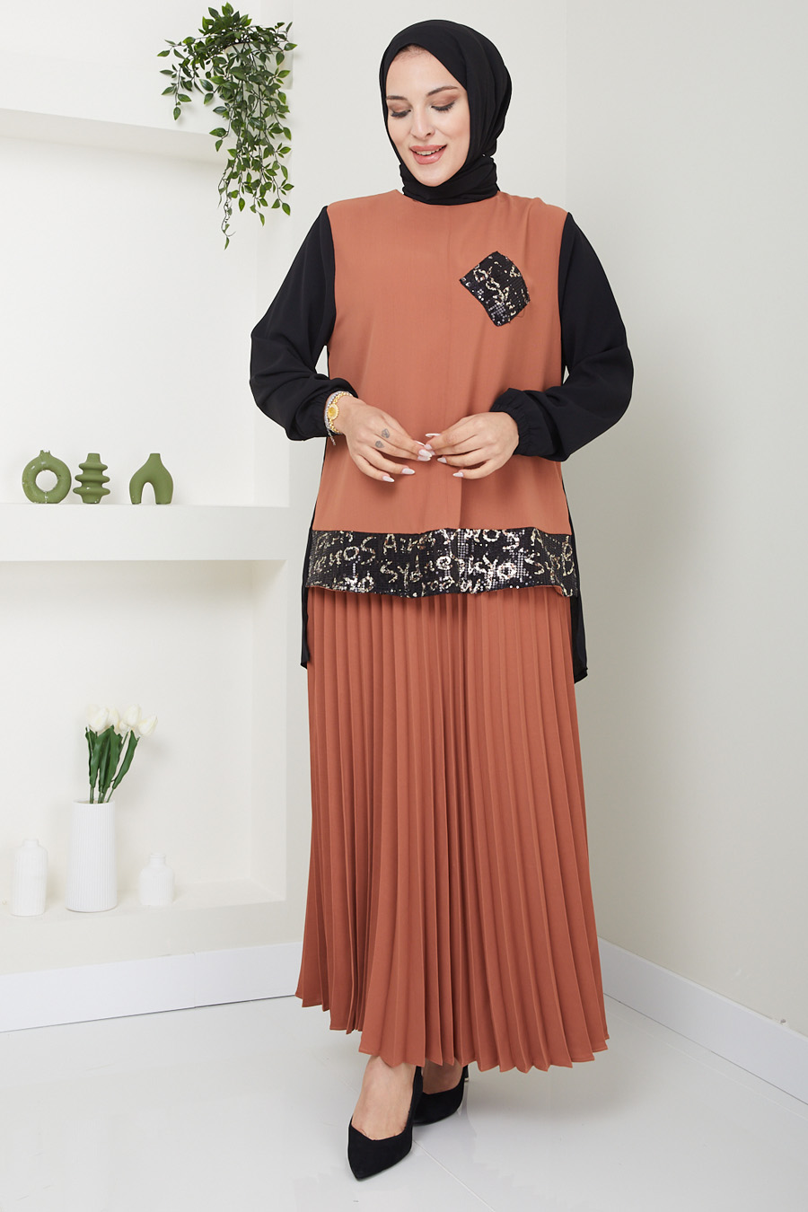 BRICK COLOR TUNIC AND SKIRT SUIT