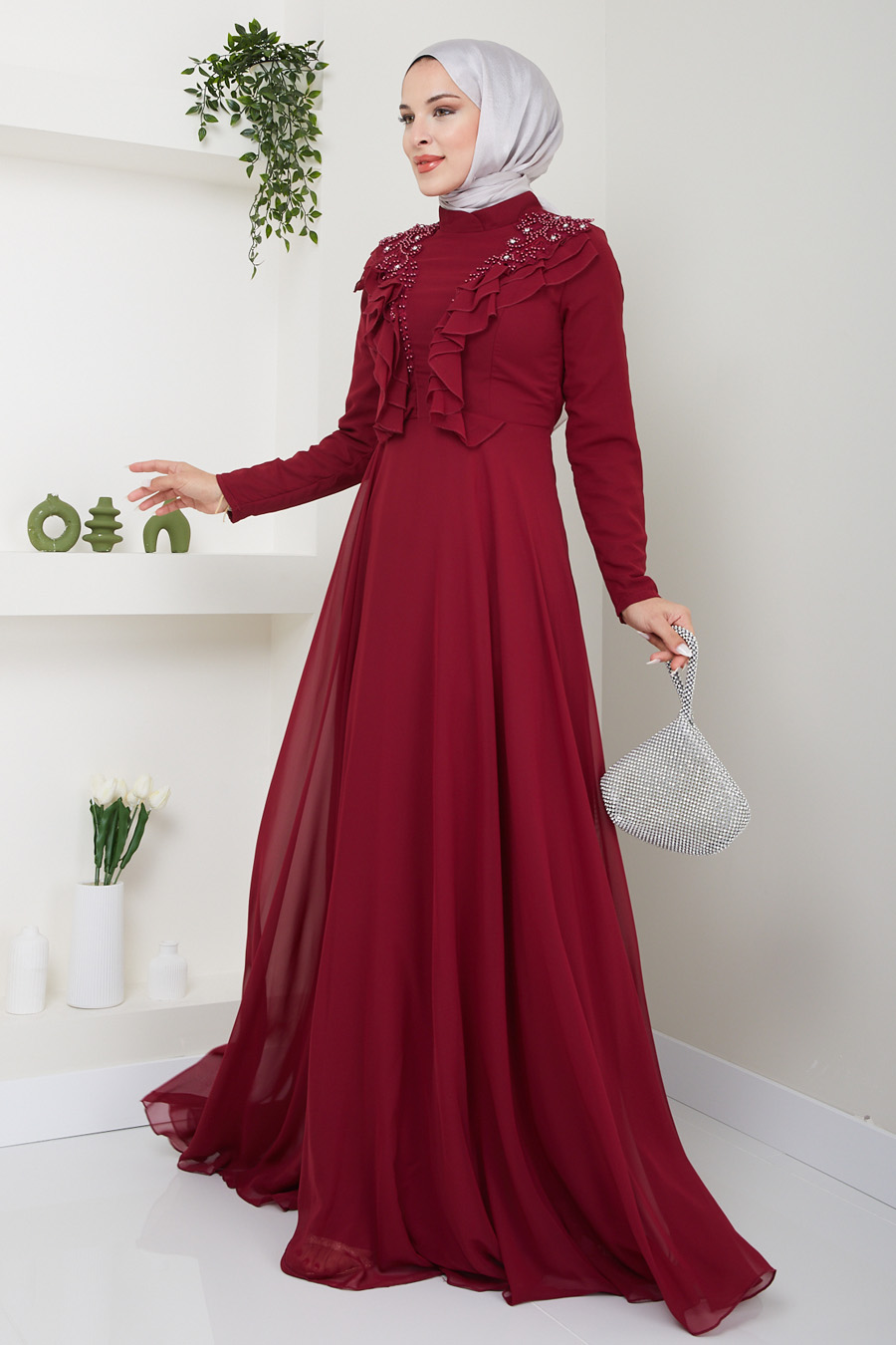 CLARET RED EVENİNG DRESS