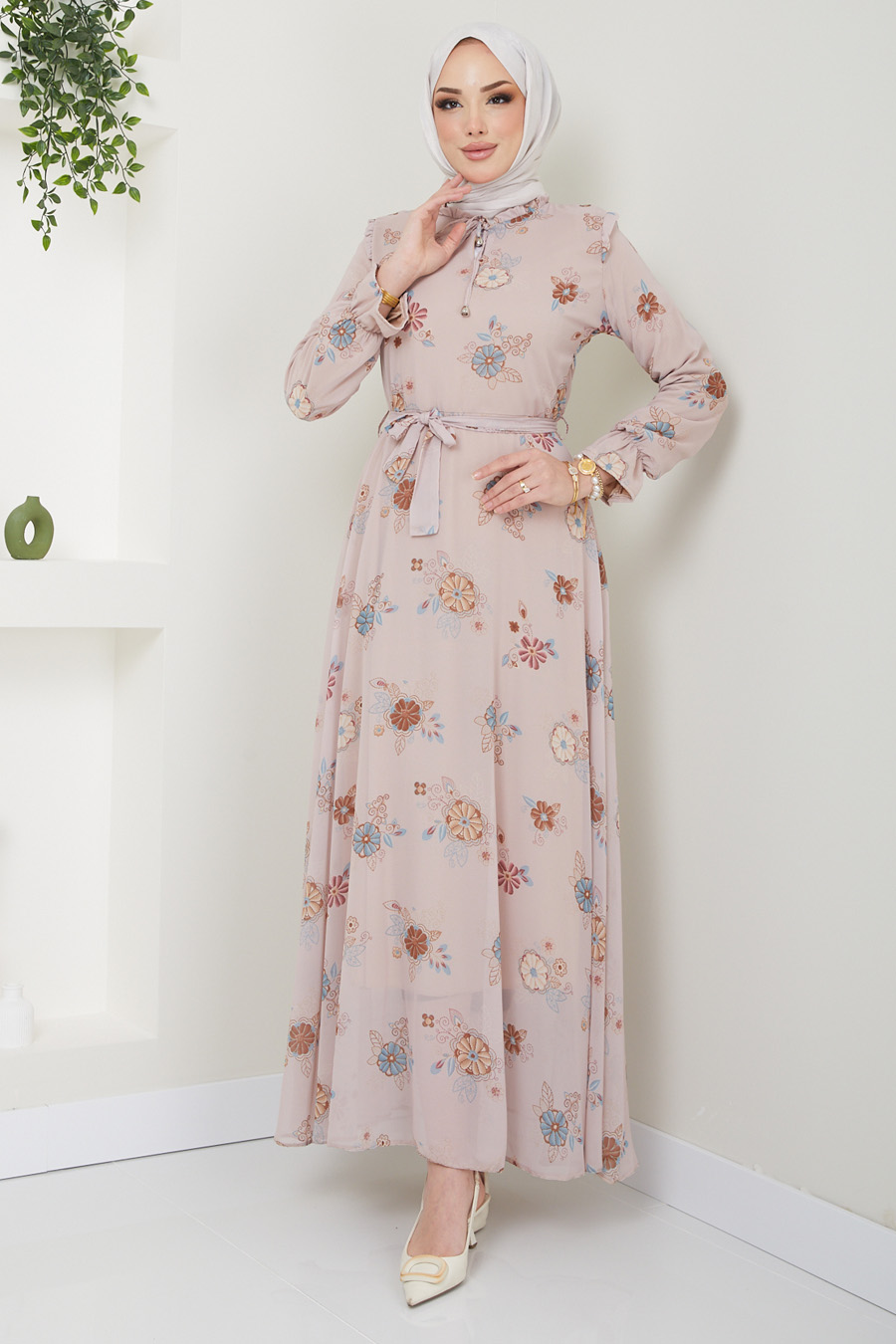 FLOWER PATTERNED BEIGE DRESS