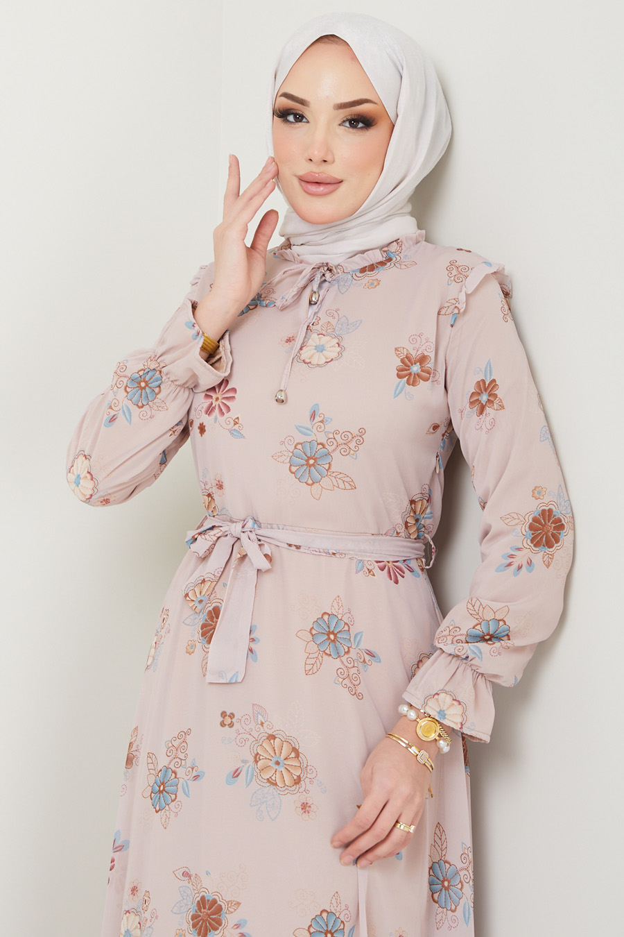 FLOWER PATTERNED BEIGE DRESS