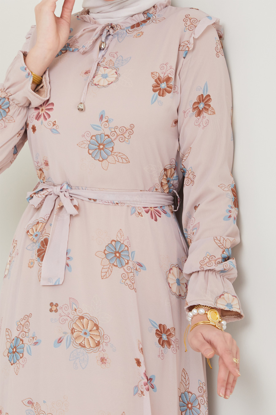 FLOWER PATTERNED BEIGE DRESS