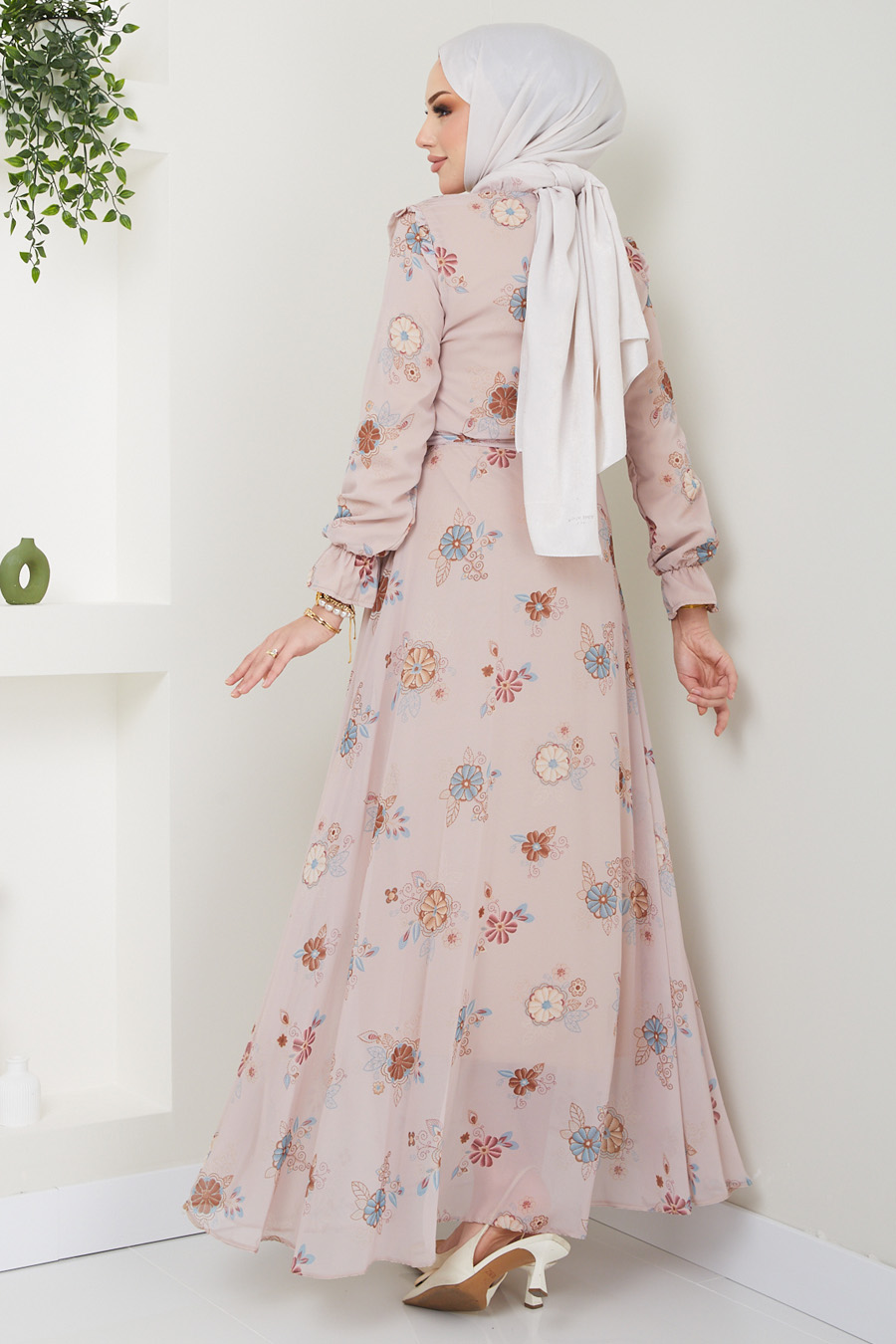 FLOWER PATTERNED BEIGE DRESS