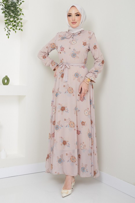 FLOWER PATTERNED BEIGE DRESS
