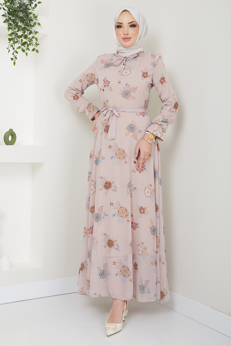 FLOWER PATTERNED BEIGE DRESS