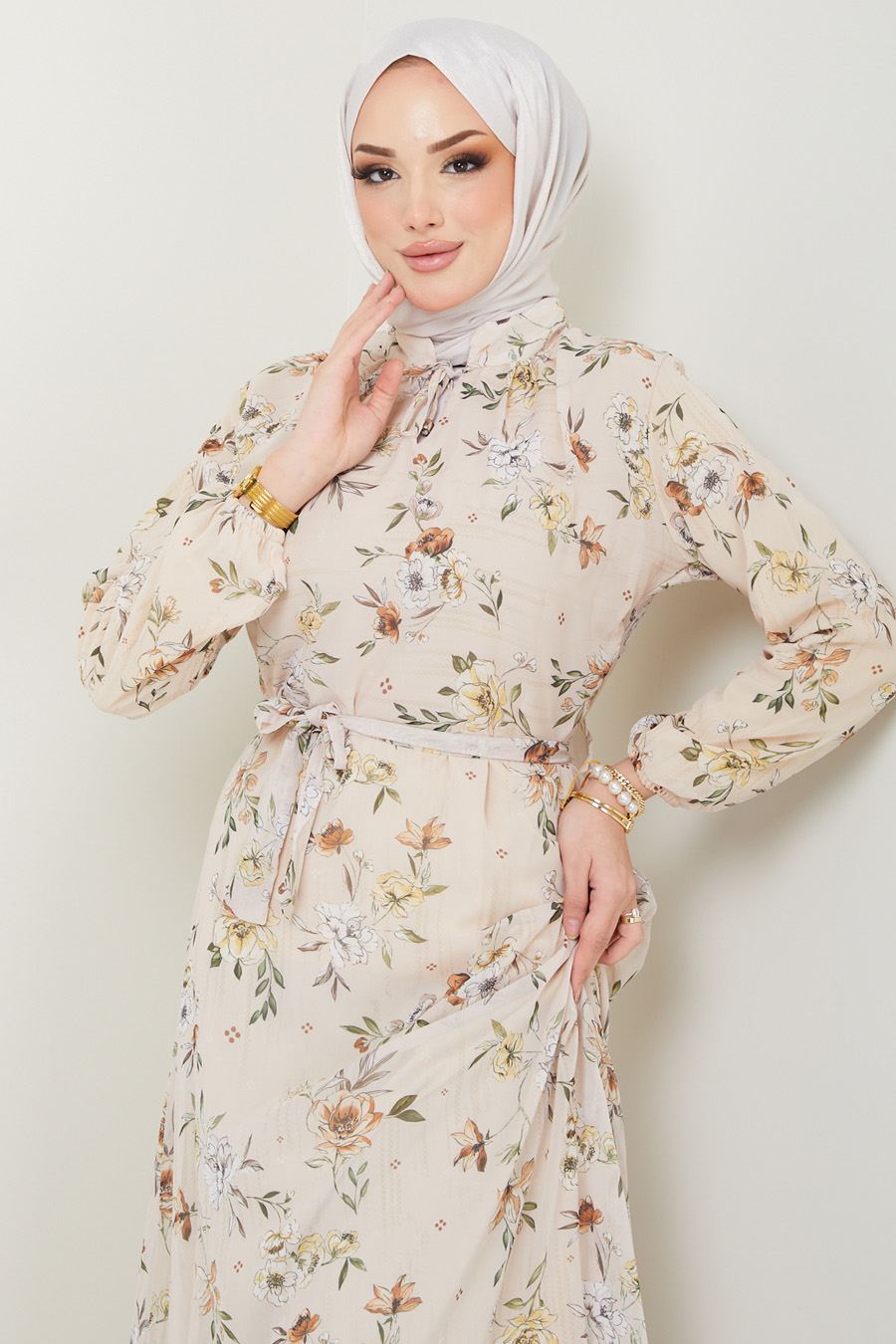FLOWER PATTERNED BEIGE DRESS