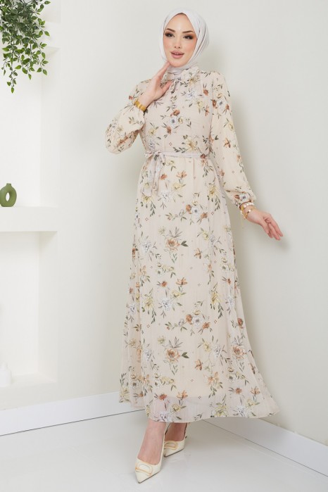 FLOWER PATTERNED BEIGE DRESS