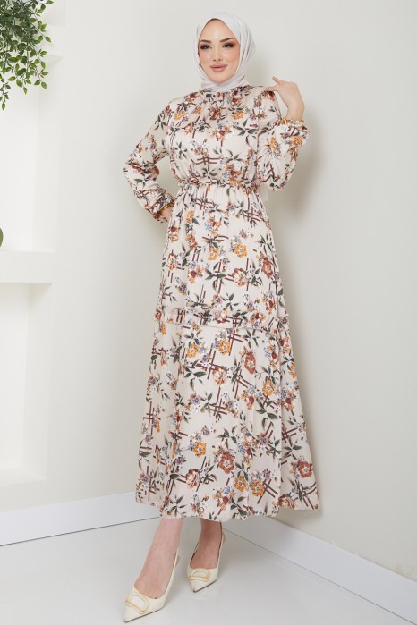 FLOWER PATTERNED BEIGE DRESS