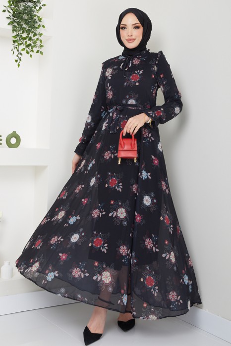 FLOWER PATTERNED BLACK DRESS