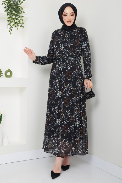 FLOWER PATTERNED BLACK DRESS 