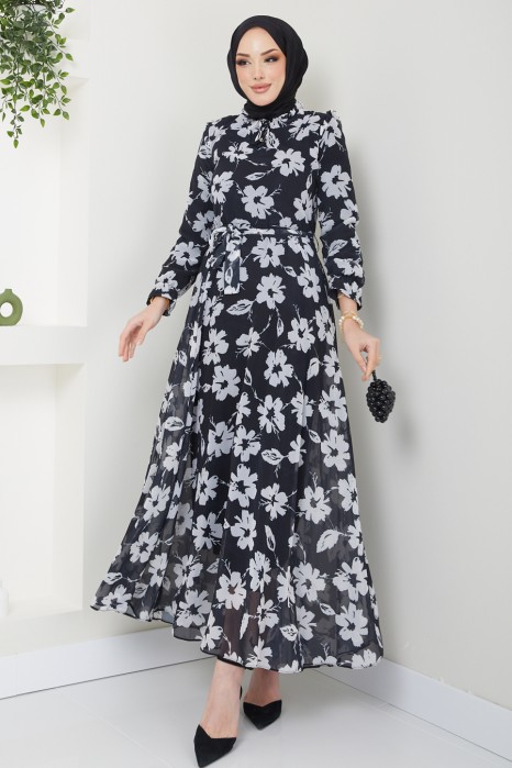 FLOWER PATTERNED BLACK DRESS