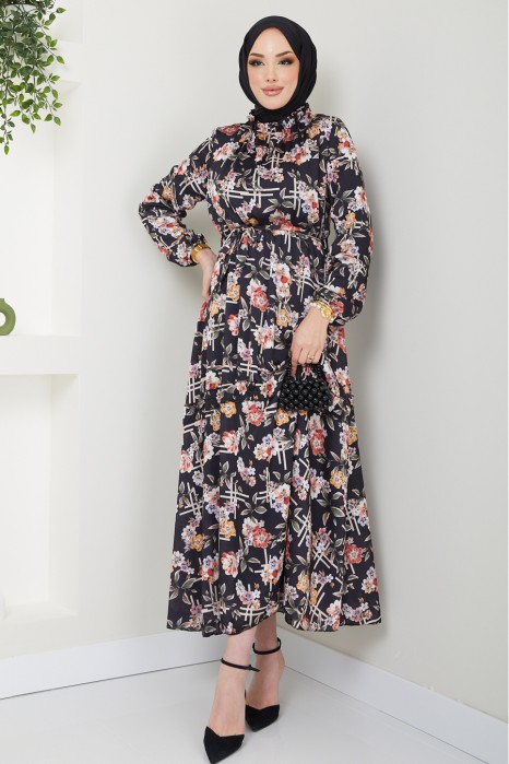 FLOWER PATTERNED BLACK DRESS