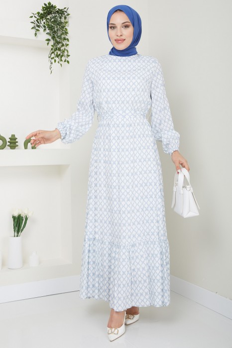 FLOWER PATTERNED BLUE DRESS