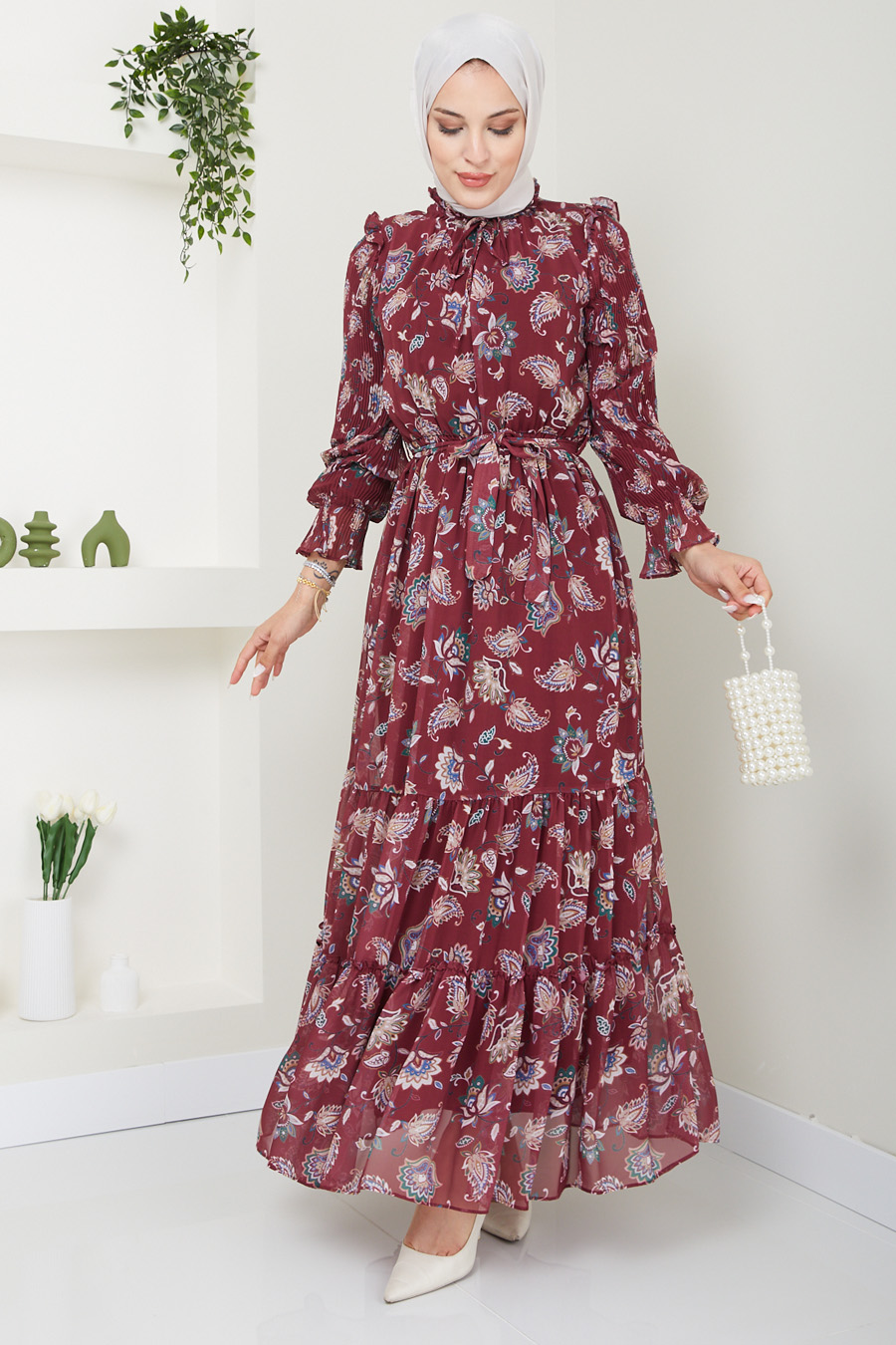 FLOWER PATTERNED CLARED RED DRESS 