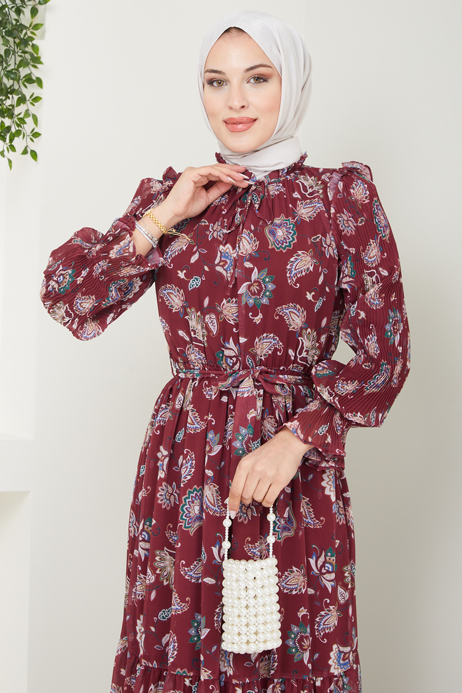 FLOWER PATTERNED CLARED RED DRESS 