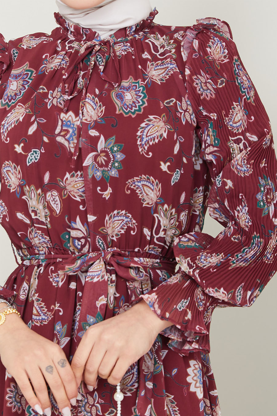 FLOWER PATTERNED CLARED RED DRESS 