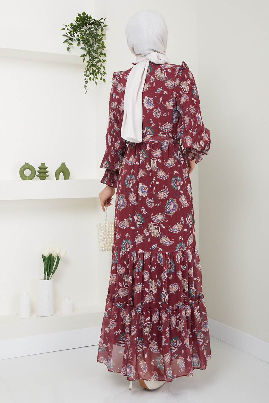 FLOWER PATTERNED CLARED RED DRESS 