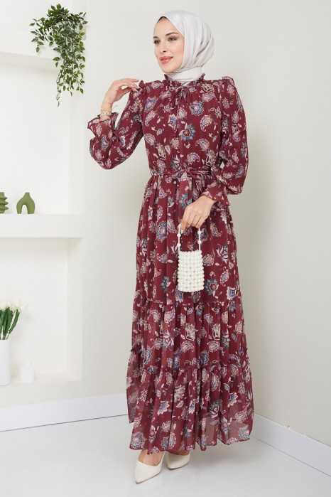 FLOWER PATTERNED CLARED RED DRESS 