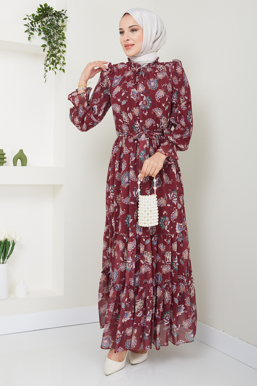 FLOWER PATTERNED CLARED RED DRESS 