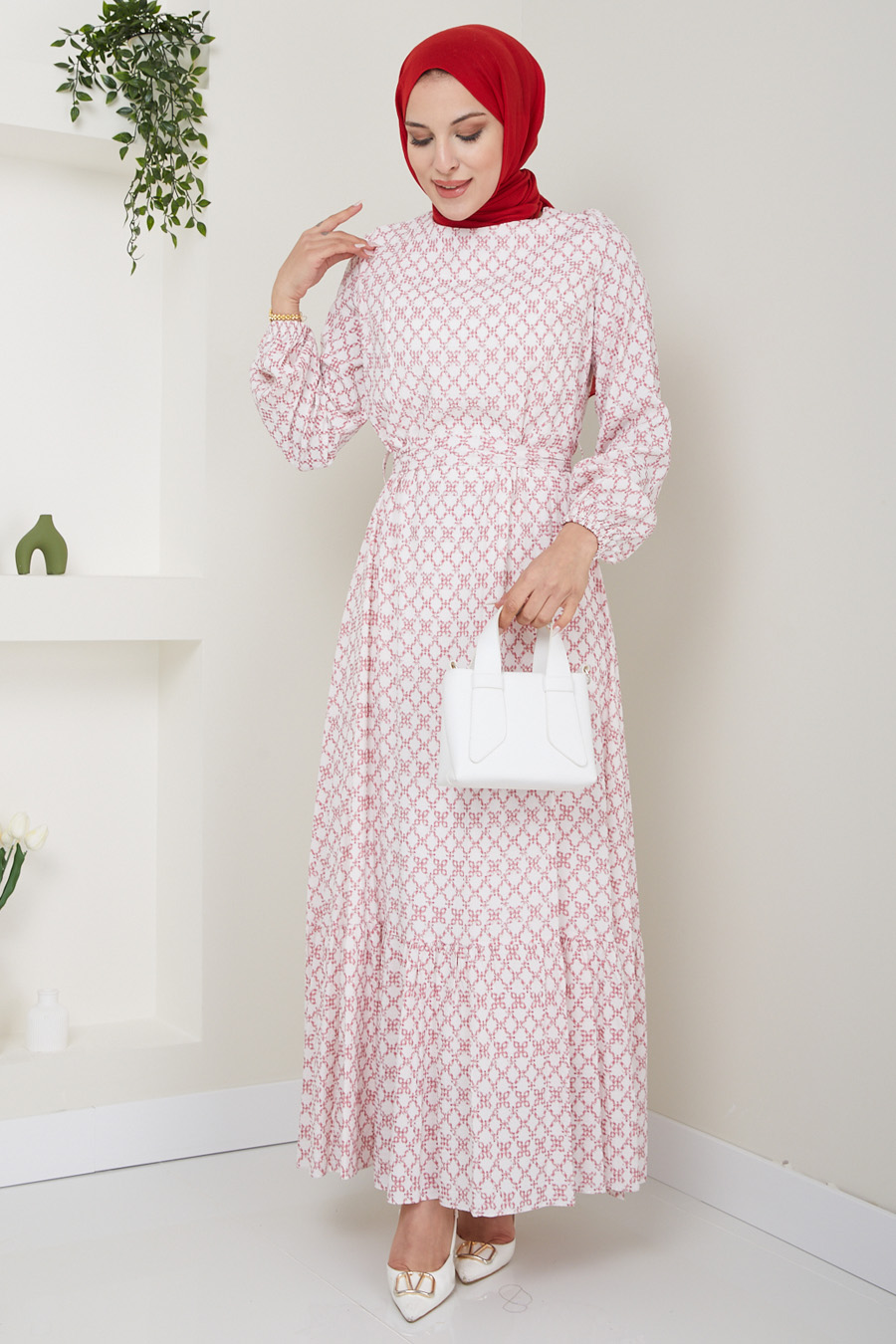 FLOWER PATTERNED CLARET RED DRESS