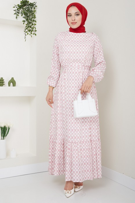 FLOWER PATTERNED CLARET RED DRESS