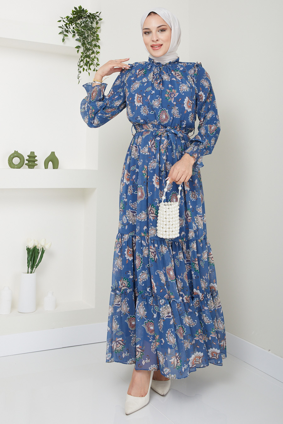 FLOWER PATTERNED INDIGO COLOR  DRESS 