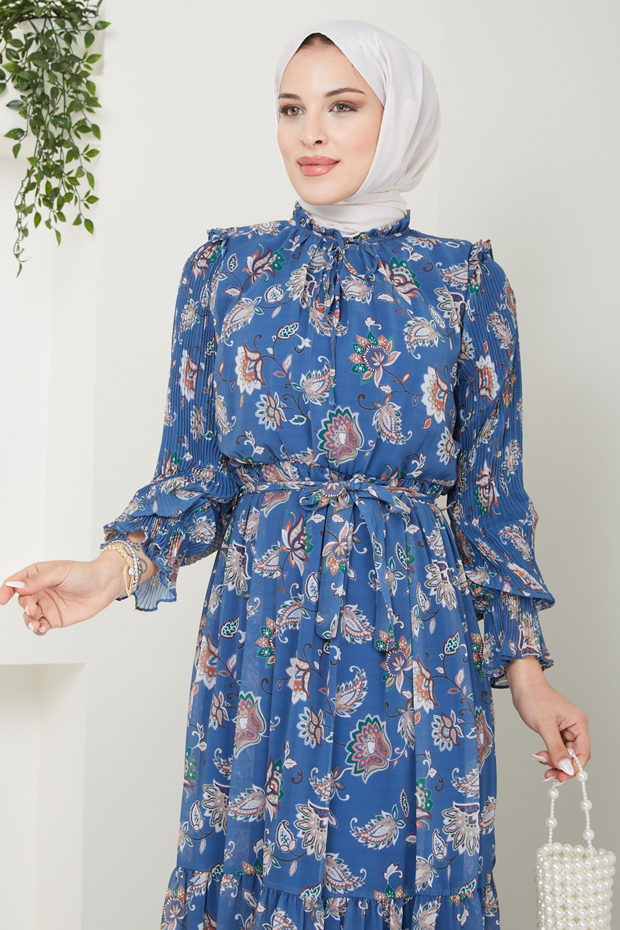 FLOWER PATTERNED INDIGO COLOR  DRESS 