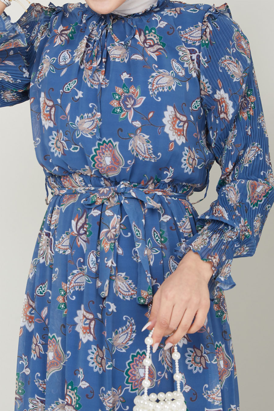 FLOWER PATTERNED INDIGO COLOR  DRESS 