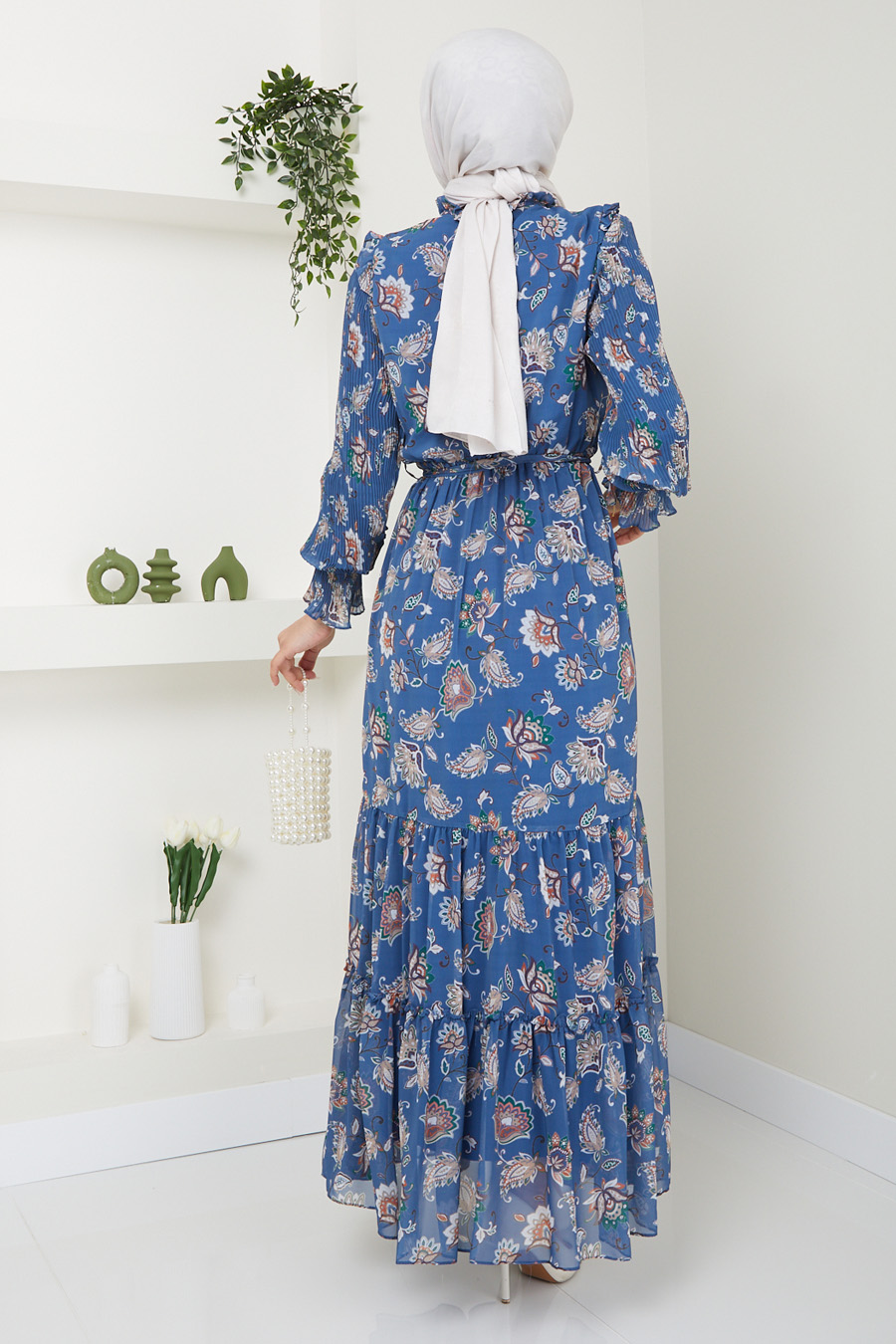 FLOWER PATTERNED INDIGO COLOR  DRESS 