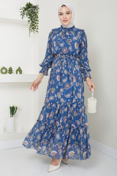 FLOWER PATTERNED INDIGO COLOR  DRESS 