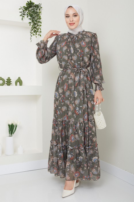 FLOWER PATTERNED KHAKI DRESS 