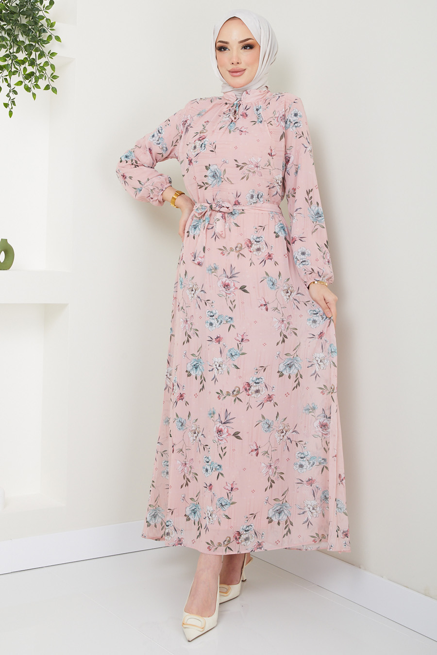 FLOWER PATTERNED POWDER PINK DRESS