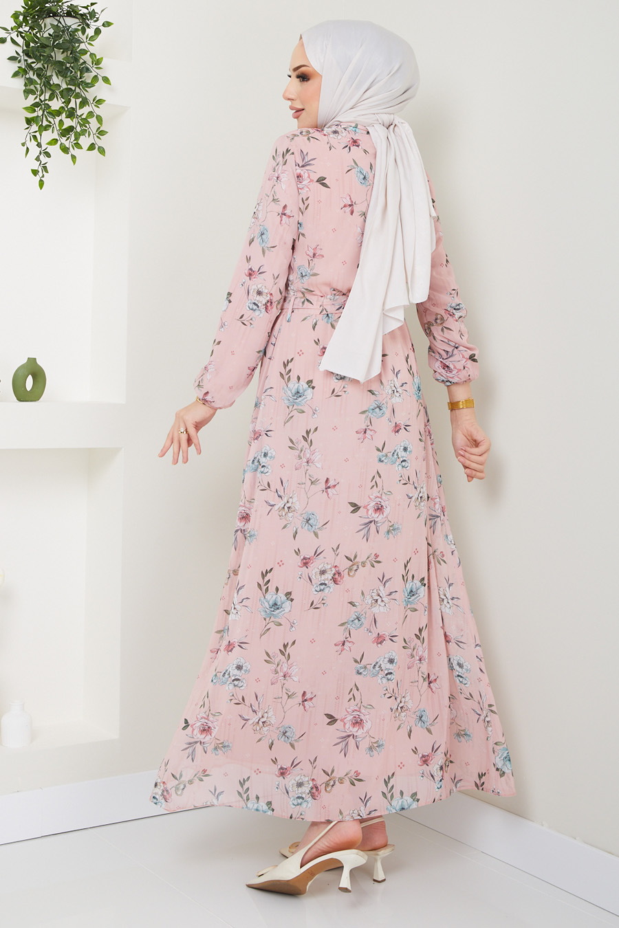 FLOWER PATTERNED POWDER PINK DRESS