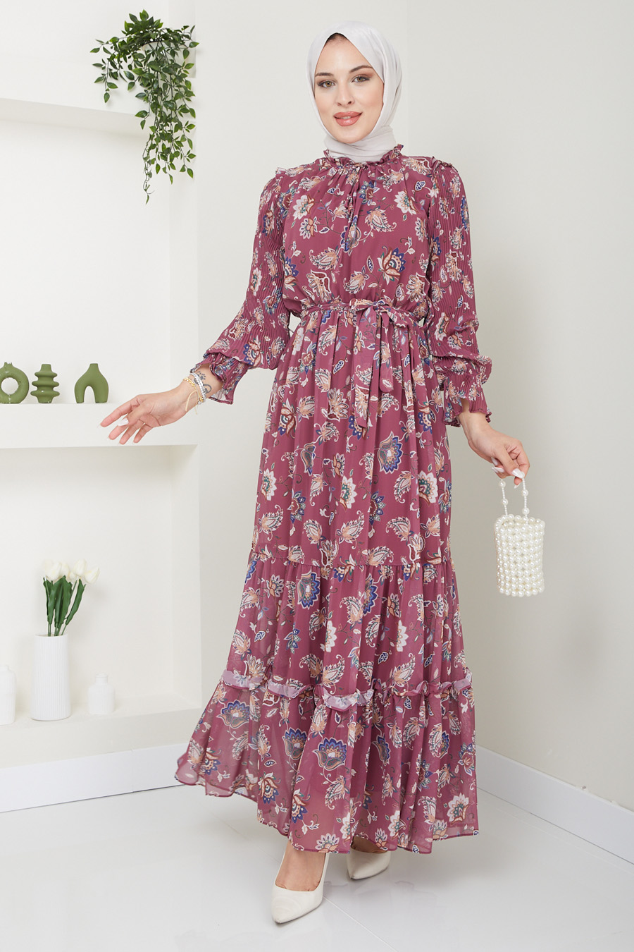  FLOWER PATTERNED ROSE COLOR  DRESS 