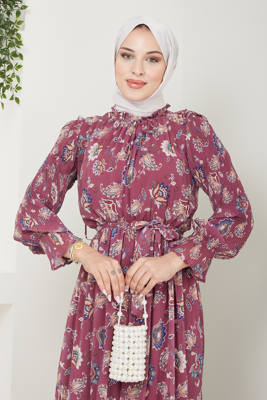  FLOWER PATTERNED ROSE COLOR  DRESS 