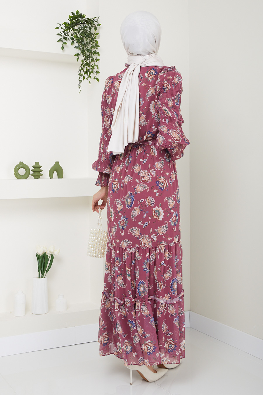  FLOWER PATTERNED ROSE COLOR  DRESS 