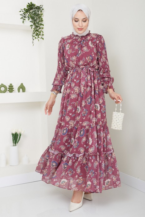  FLOWER PATTERNED ROSE COLOR  DRESS 