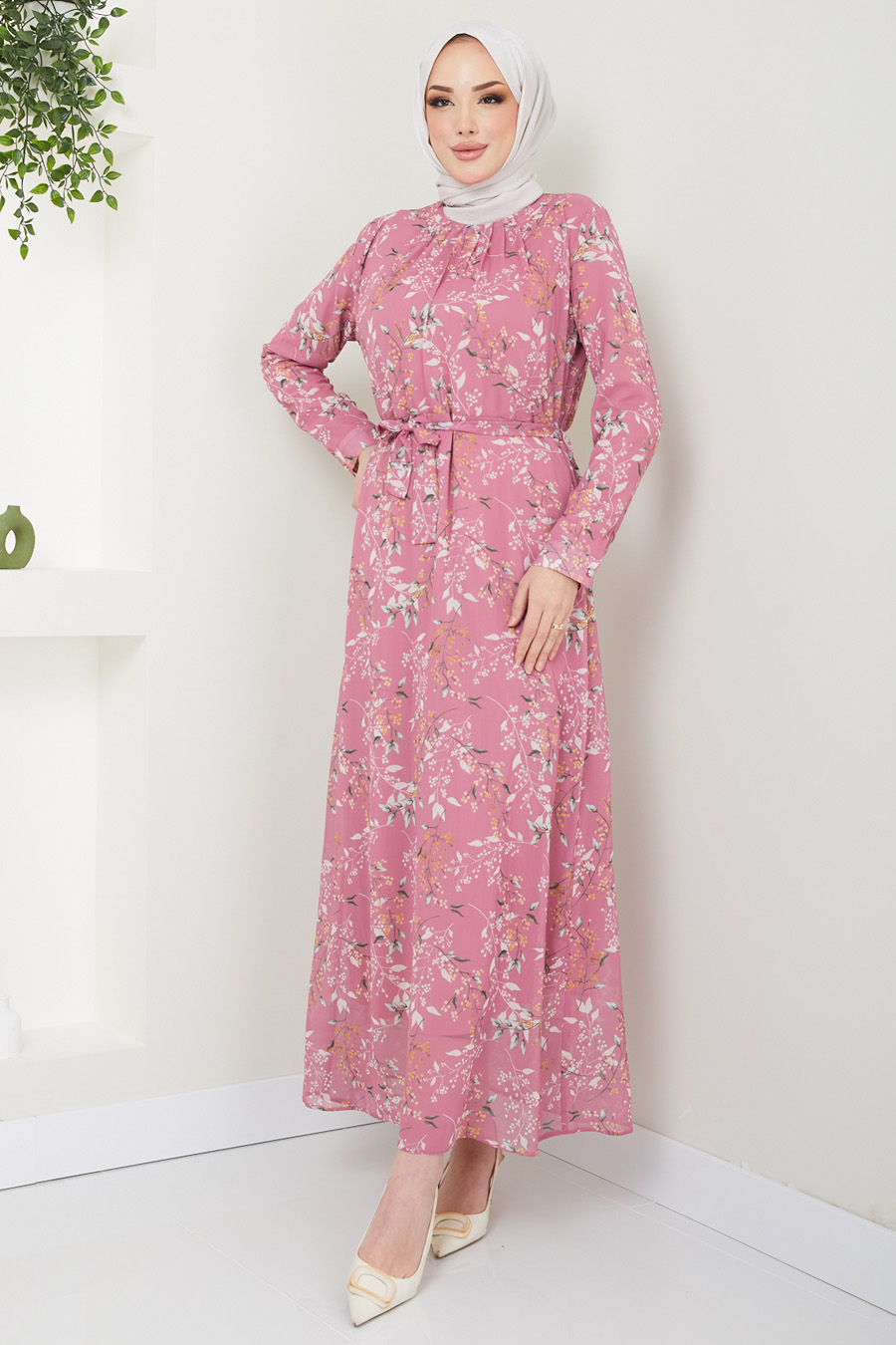 FLOWER PATTERNED ROSE COLOR DRESS