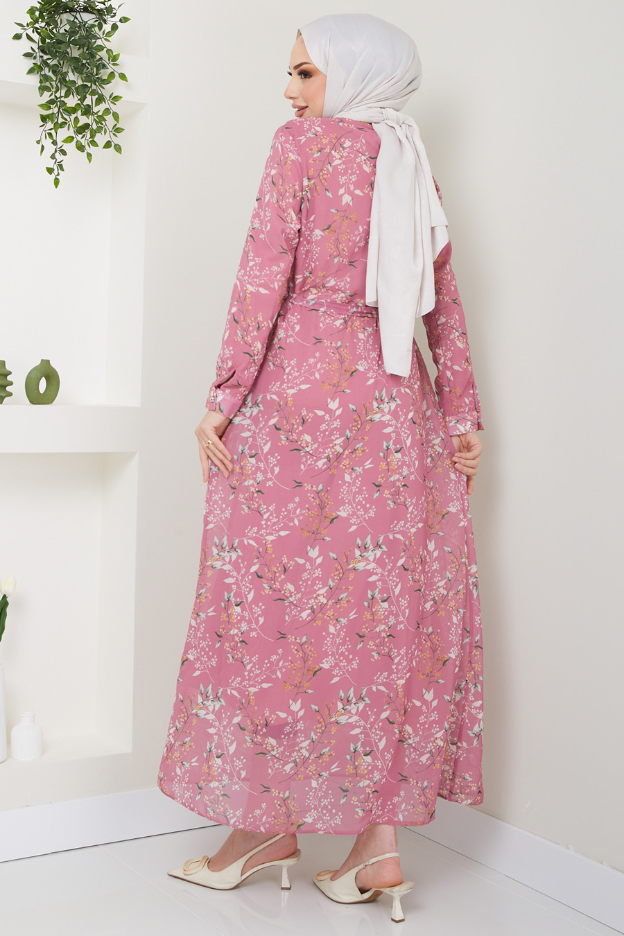 FLOWER PATTERNED ROSE COLOR DRESS