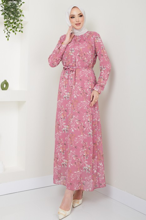 FLOWER PATTERNED ROSE COLOR DRESS