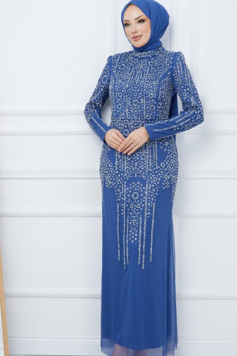 INDIGO COLOR  EVENING DRESS 