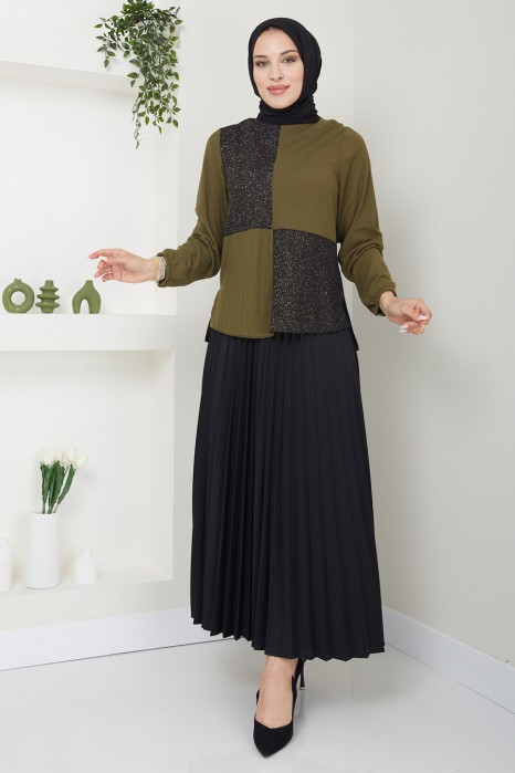 KHAKI COLOR TUNIC AND SKIRT SUIT