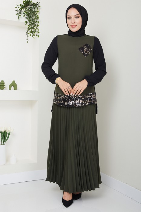 KHAKI TUNIC AND SKIRT SUIT