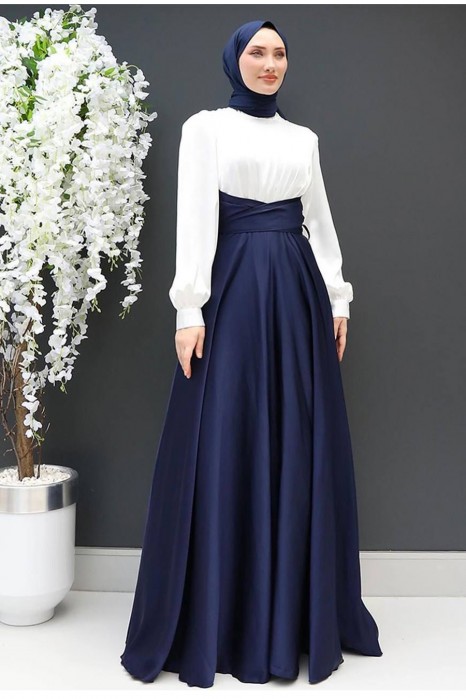 White Navy Blue Tie Waist Dress