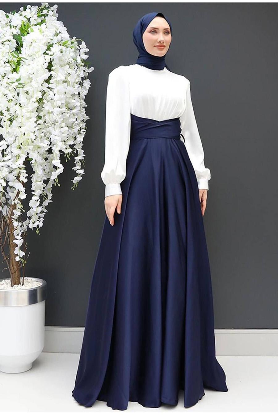 White Navy Blue Tie Waist Dress