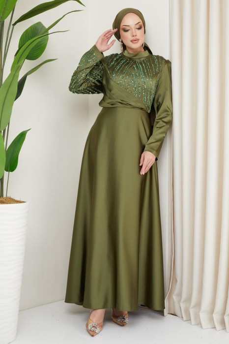 OIL GREEN  EVENING DRESS  
