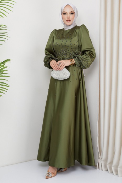OIL GREEN EVENING DRESS  