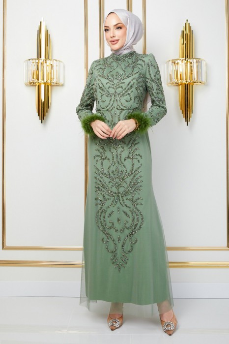 OIL GREEN EVENING DRESS  