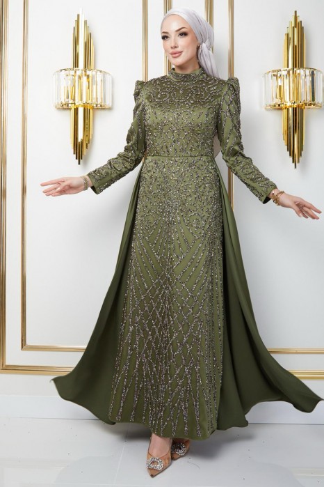 OIL GREEN EVENING DRESS  